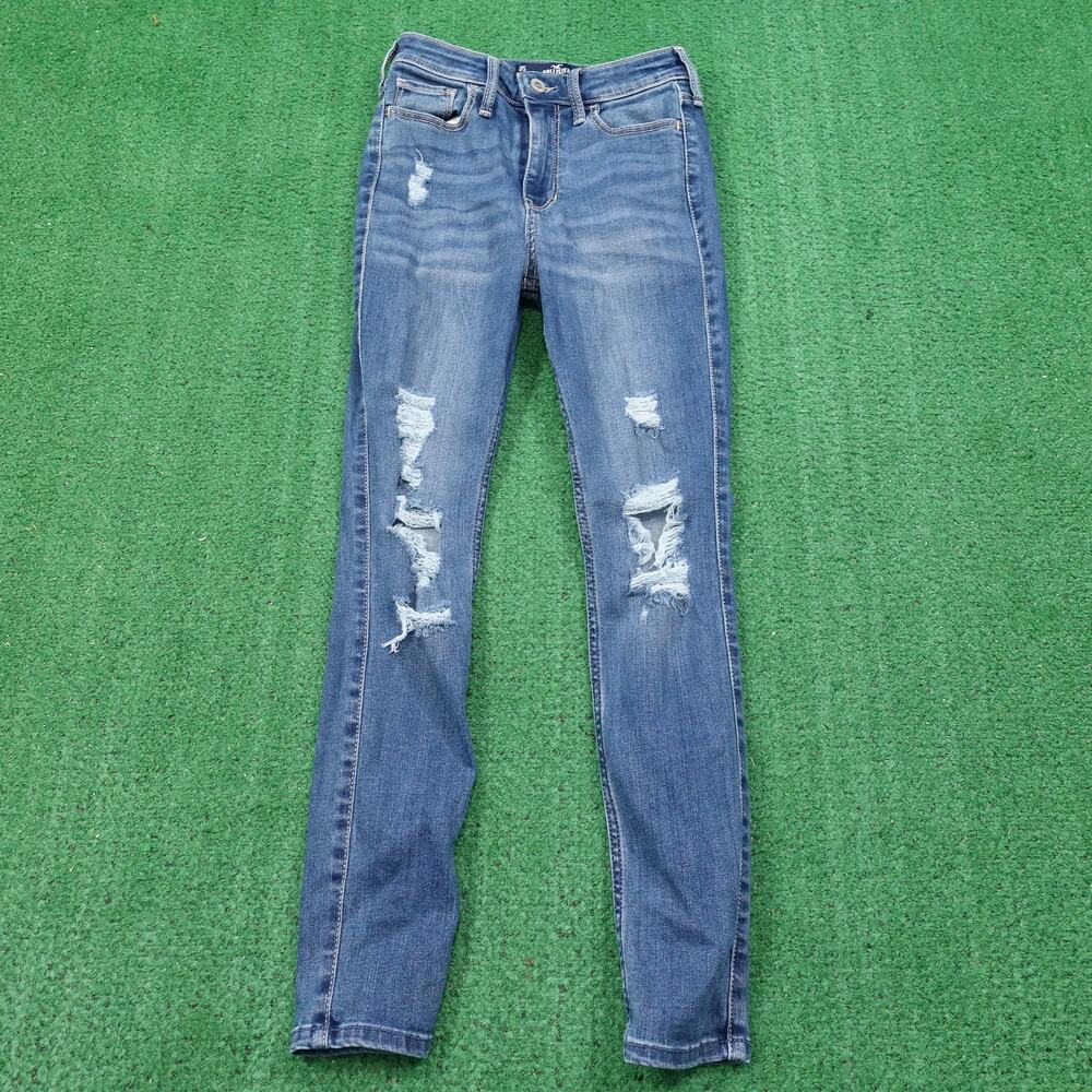 HOLLISTER CALIFORNIA HIGH RISE SUPER SKINNY DISTRESSED DENIM BLUE JEANS 0S 24X26